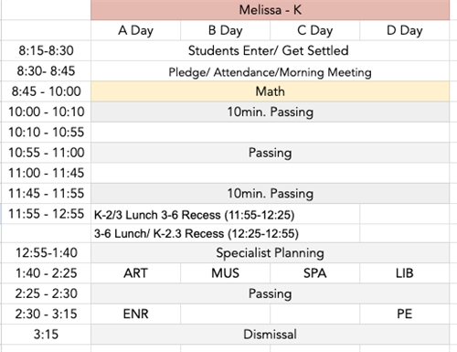 Ms. Melissa's Schedule